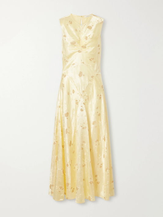 DÔEN Ginette Paneled Floral Satin-jacquard Midi Dress
