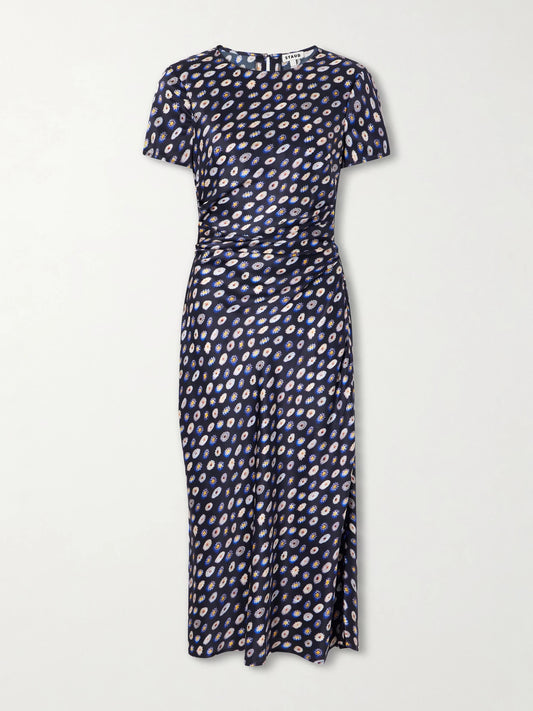 STAUD Marcel Printed Ruched Silk-blend Satin Midi Dress