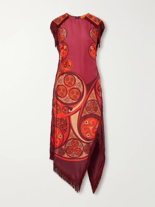 La DoubleJ Scarf Asymmetric Printed Fringe-trimmed Silk-twill Midi Dress