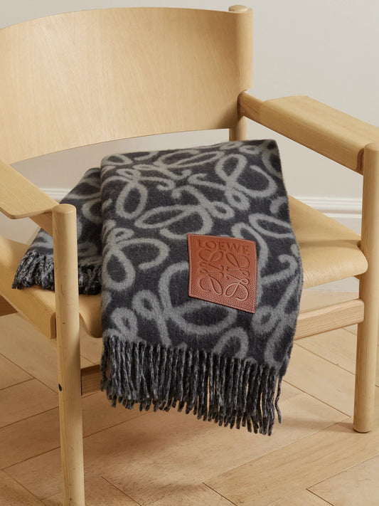 LOEWE Fringed Leather-trimmed Alpaca-blend Jacquard Blanket