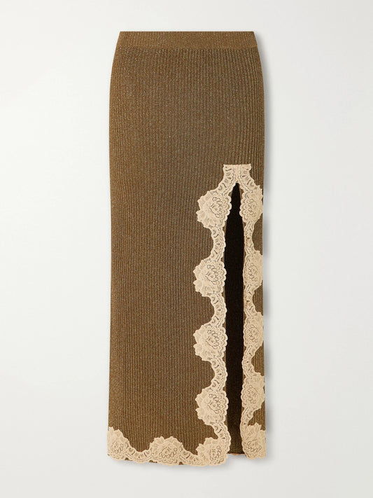 Valentino Garavani Lace-trimmed Ribbed Lurex Midi Skirt