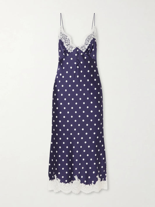 Lace-trimmed Polka-dot Satin Midi Dress
