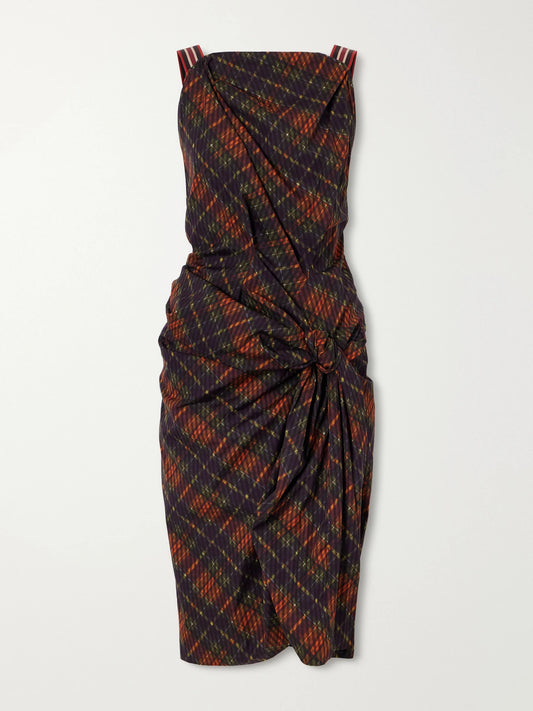 Dries Van Noten Twisted Draped Checked Cotton Midi Dress