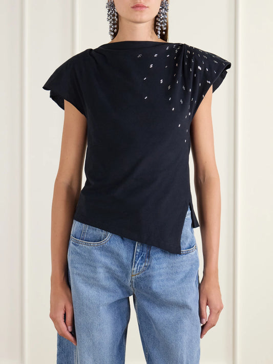 ISABEL MARANT Sebani Asymmetric Gathered Bead-embellished Cotton-jersey T-shirt