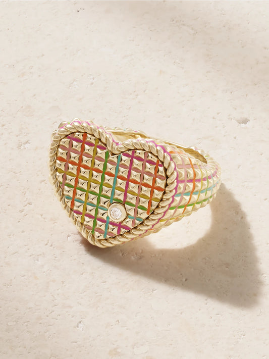 Chevaliere Coeur 9-karat Gold, Diamond And Enamel Ring