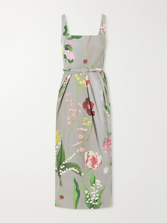Oscar de la Renta Floral-printed Stretch Cotton-poplin Midi-dress