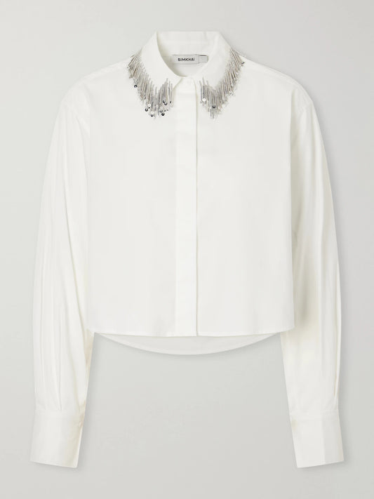 SIMKHAI Renata Cropped Bead-embellished Cotton-blend Poplin Shirt