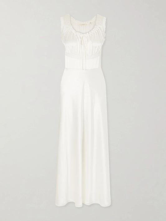 DÔEN Adalie Lace-trimmed Gathered Silk-satin Midi Dress