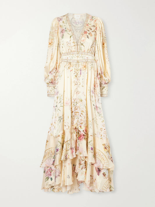 Crystal-embellished Tiered Floral-print Silk-chiffon Midi Dress