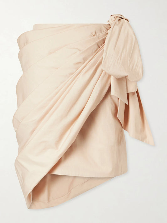 Bow-embellished Draped Cotton Midi Skirt