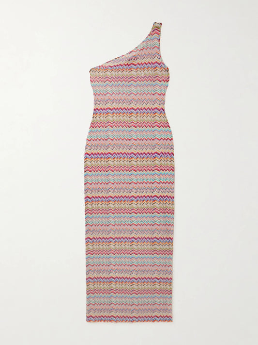 One-shoulder Striped Stretch-mesh Coverup