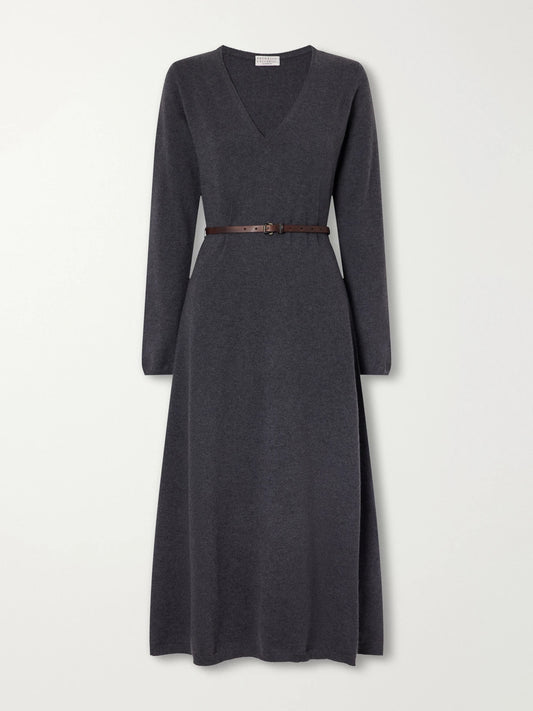 Brunello Cucinelli Belted Bead-embellished Cashmere Knitted Midi Dress