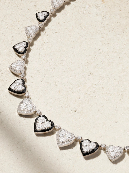 Heart 18-karat White Gold, Diamond And Enamel Choker