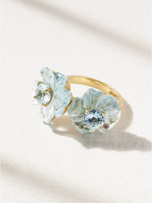 Tropical Flower Duet 18-karat Gold Aquamarine Ring