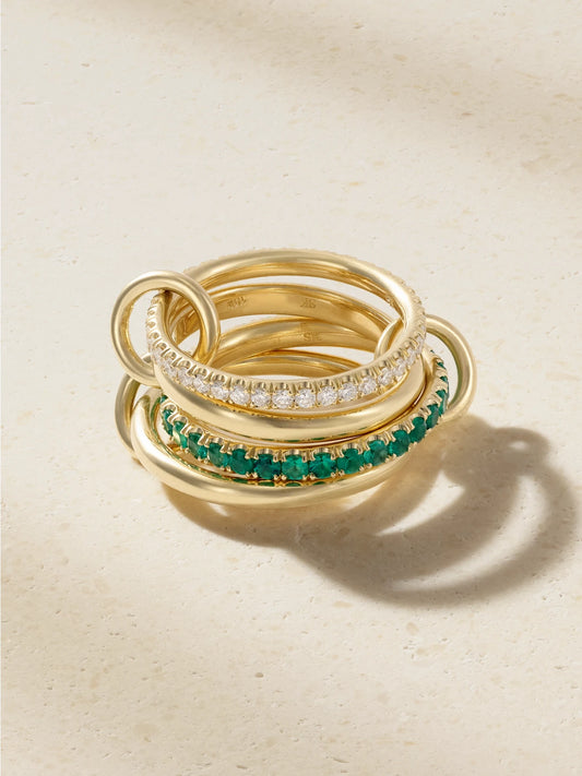 Spinelli Kilcollin Halley Set Of Four 18-karat Gold, Diamonds And Emerald Rings