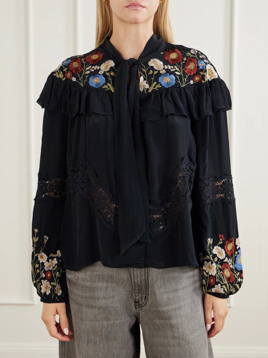 Sea Ruwa Ruffled Embroidered Lace-trimmed Crepe Blouse