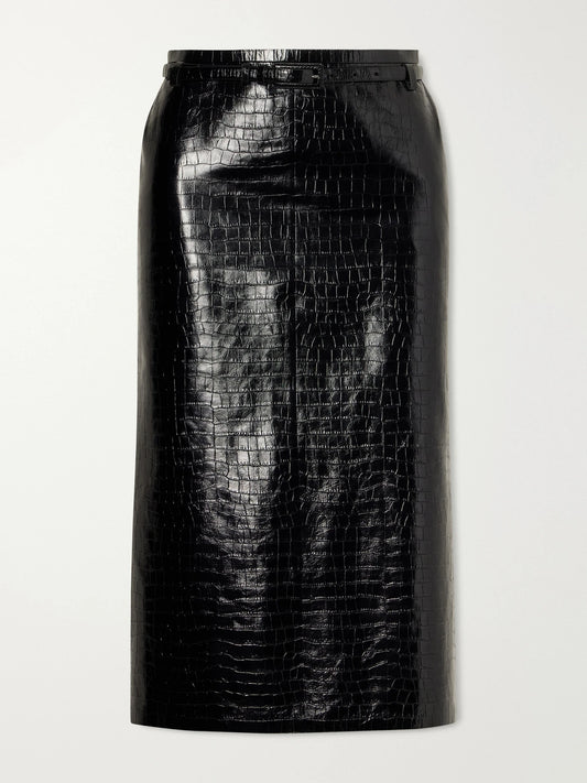 TOM FORD Belted Croc-effect Leather Midi Skirt