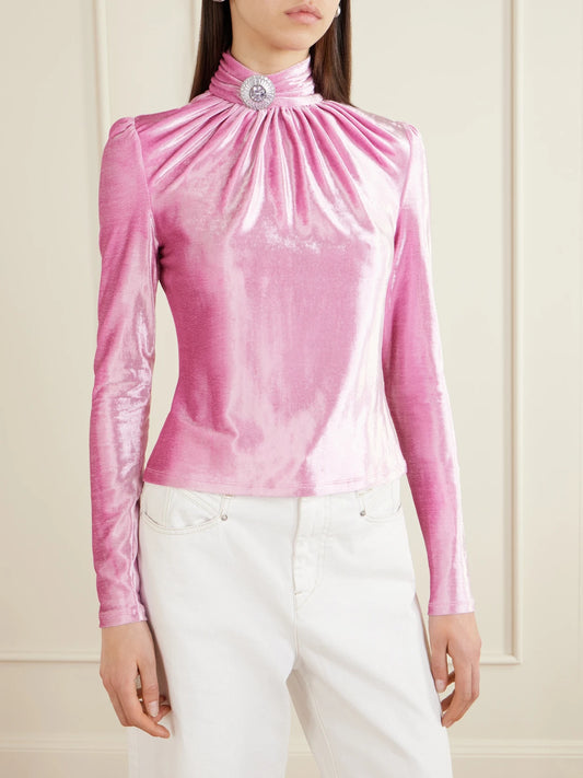 Crystal-embellished Gathered Velvet Turtleneck Blouse