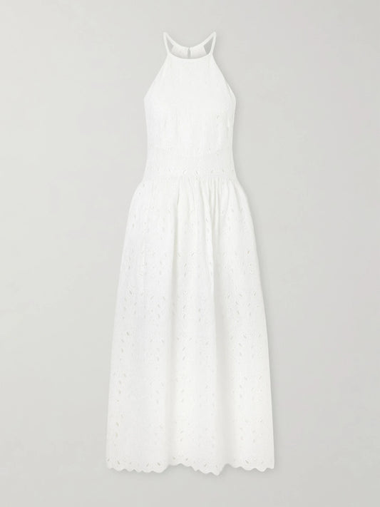 Scalloped Broderie Anglaise Ramie Halterneck Midi Dress