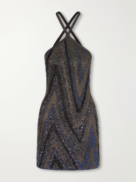 Missoni Sequin-embellished Striped Metallic Crochet-knit Halterneck Mini Dress