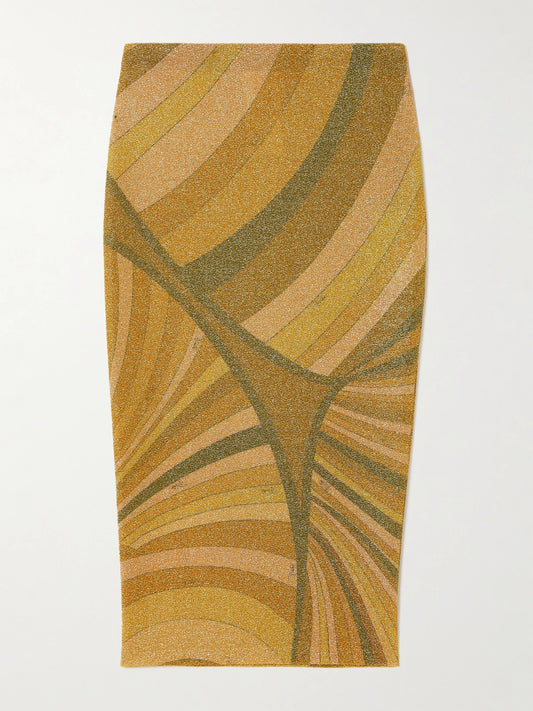 Printed Metallic Jersey Midi Skirt