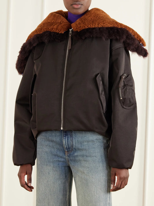 LOEWE Gathered Shearling And Twill-trimmed Shell Bomber Jacket