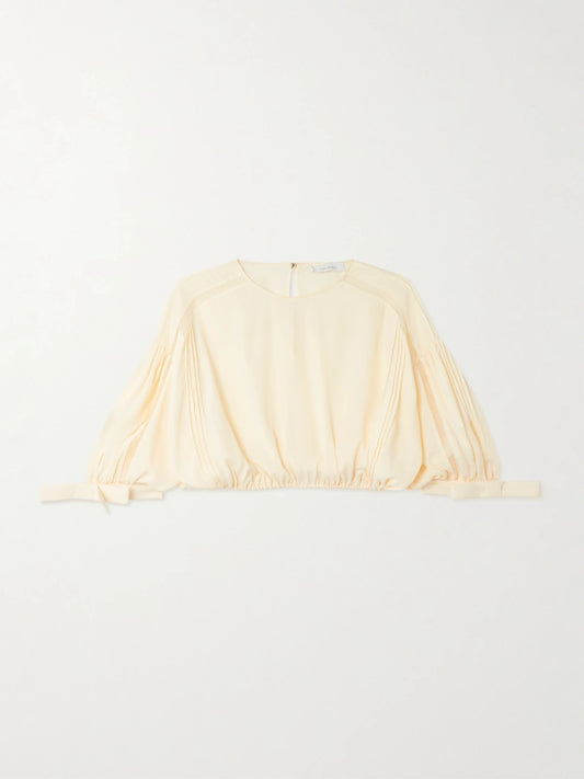 Cropped Bow-detailed Lace-trimmed Pleated Crepe Top
