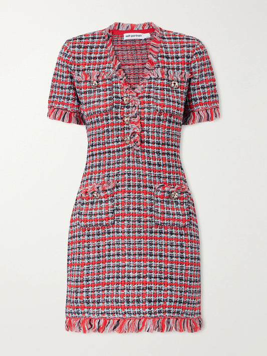 Self-Portrait Checked Frayed Cotton-blend Mini Dress