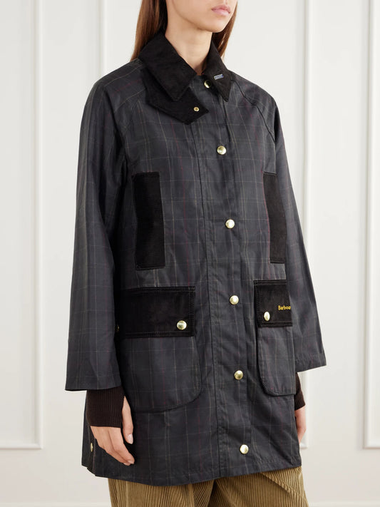 Barbour Checked Corduroy-trimmed Waxed Cotton-canvas Coat