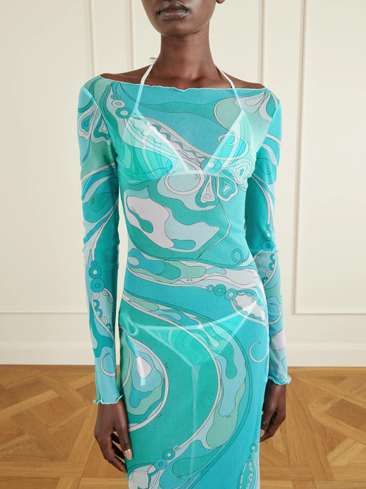 Ruffled Printed Tulle Maxi Dress