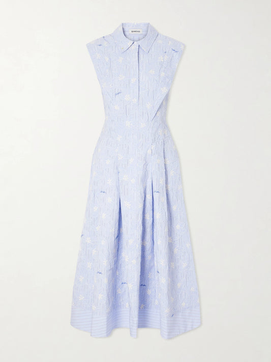 Neri Embroidered Striped Cotton-poplin Midi Dress
