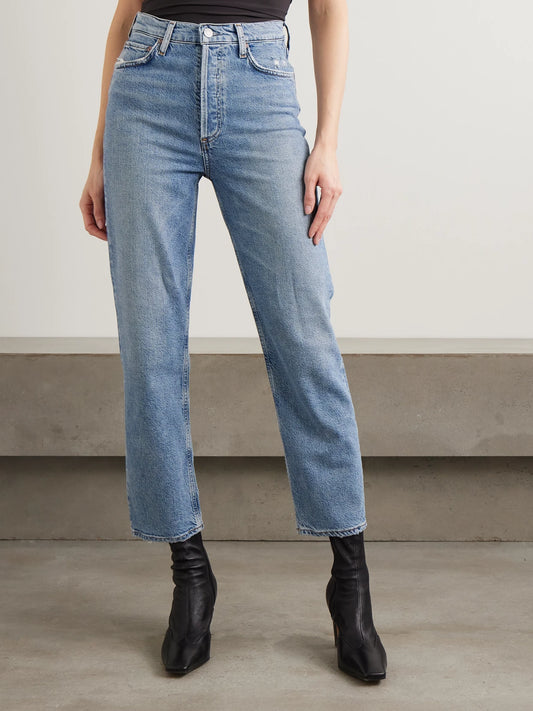 '90s Pinch Waist Cropped Distressed Mid-rise Straight-leg Jeans