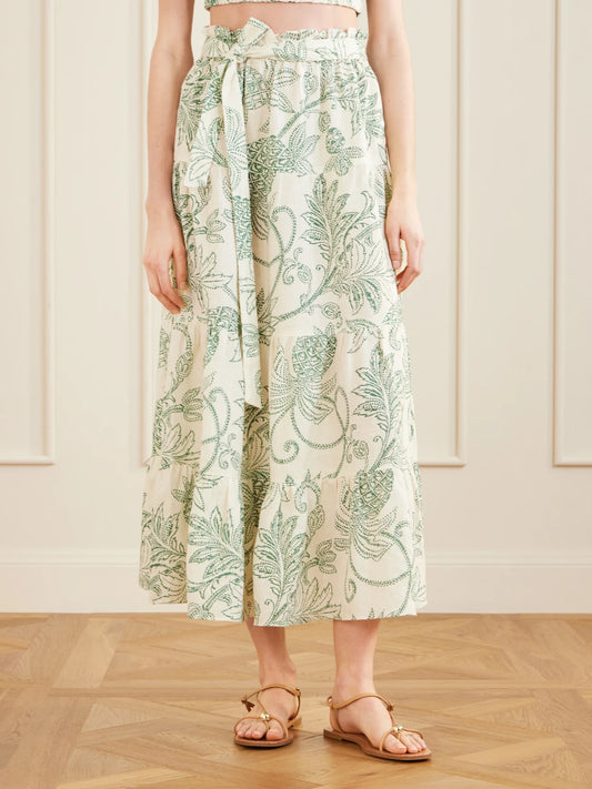 Sanaa Tiered Printed Linen Midi Skirt