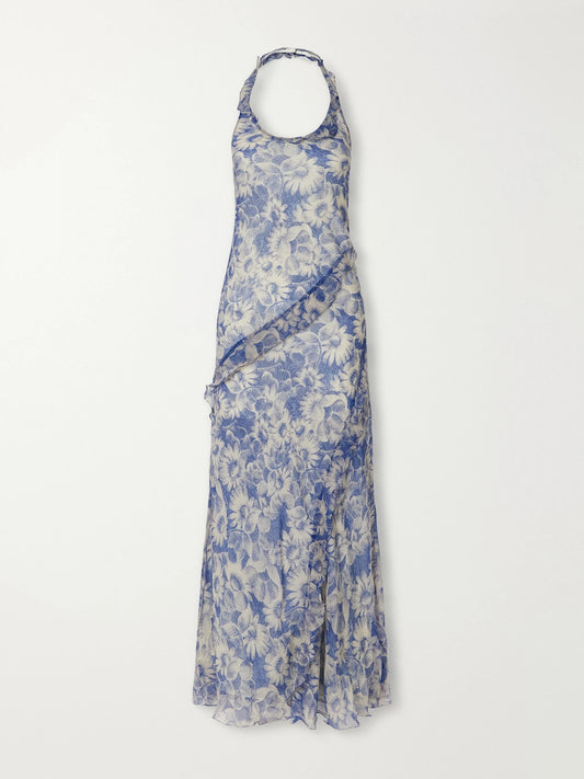 SIR. Lilia Open-back Ruffled Floral-print Crepon Halterneck Maxi Dress