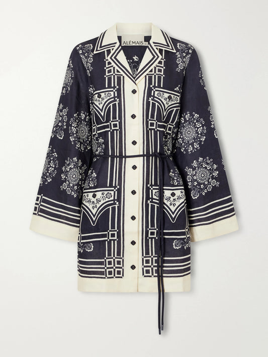 ALÉMAIS Banderra Belted Printed Linen Mini Dress