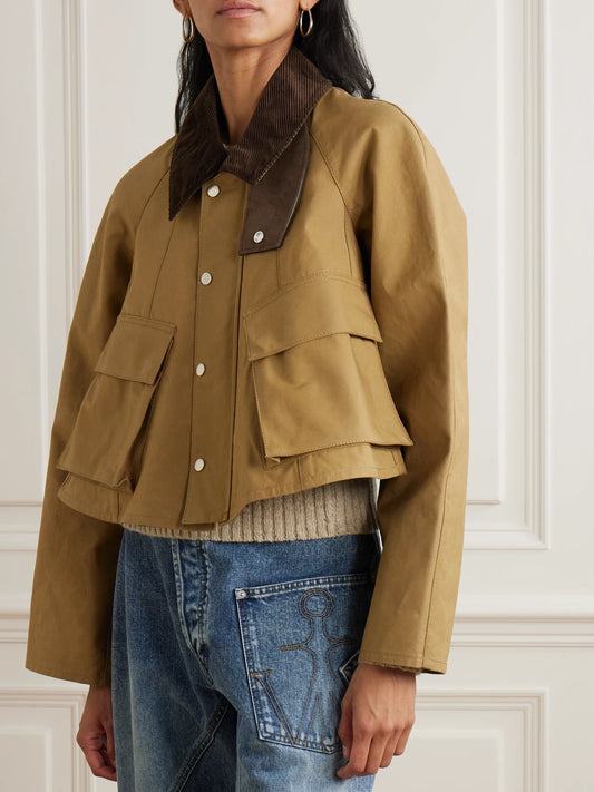 Cropped Corduroy-trimmed Waxed-cotton Jacket