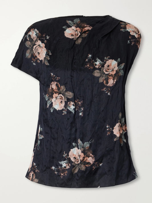 Erdem Asymmetric Draped Floral-print Metallic Crinkled-satin Blouse