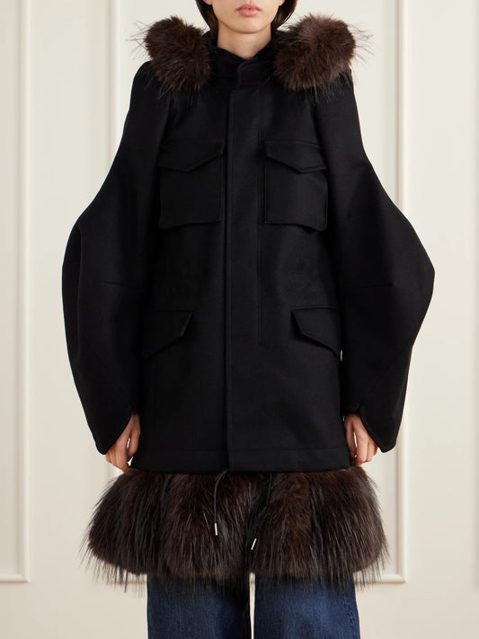 Sacai Padded Plush-trimmed Wool Coat