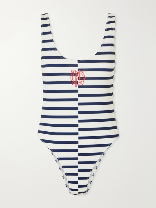 Jean Paul Gaultier Asymetric Marinere Logo-appliqulé Striped Swimsuit