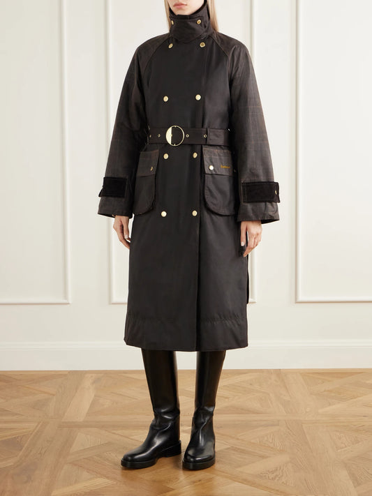 Barbour Elva Double-breasted Belted Corduroy-trimmed Waxed Cotton-canvas Coat