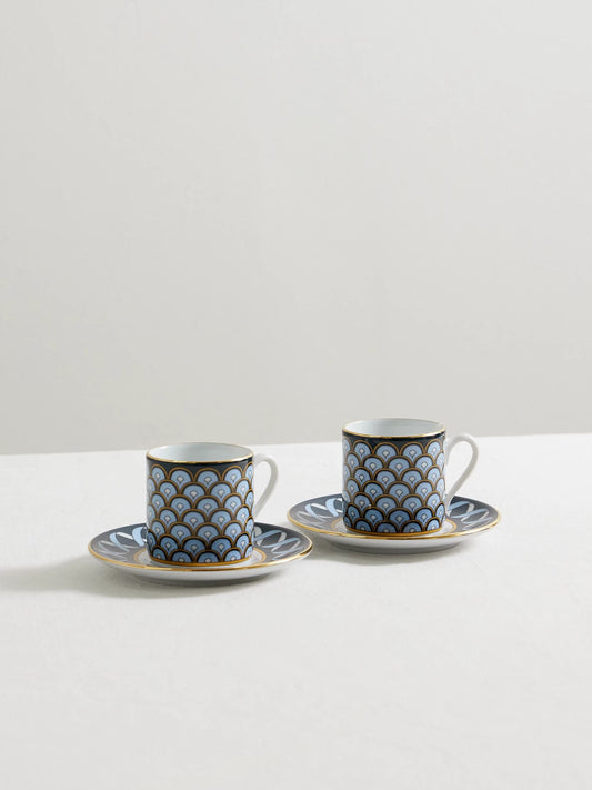 Impero Set Of Two Gold-plated Porcelain Espresso Cups And Saucers