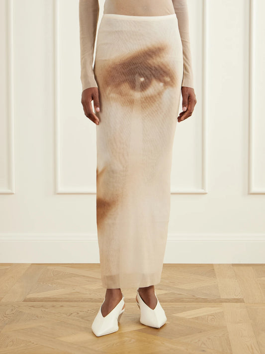 Jean Paul Gaultier Face Printed Mesh Maxi Skirt