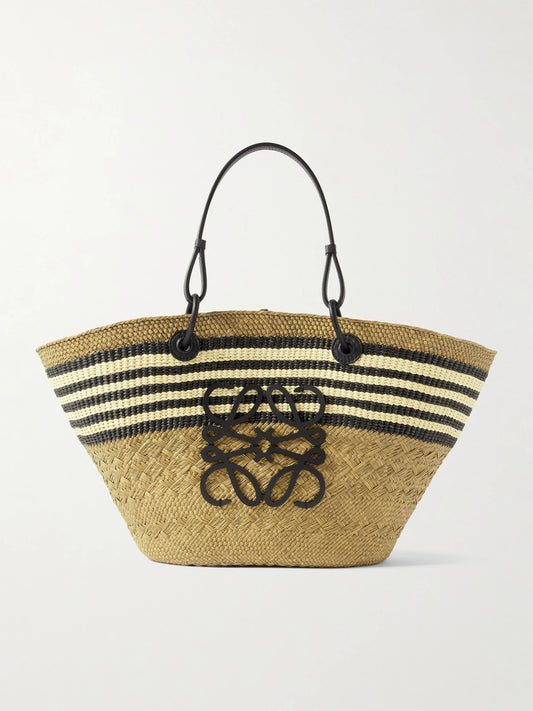 + Paula's Ibiza Anagram Basket Medium Leather-trimmed Striped Raffia Tote