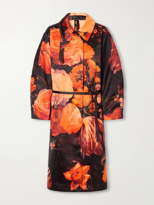 Dries Van Noten Belted Floral-print Duchess-satin Coat