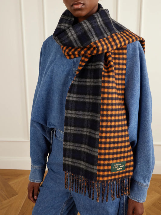 LOEWE Fringed Checked Wool And Cashmere-blend Scarf