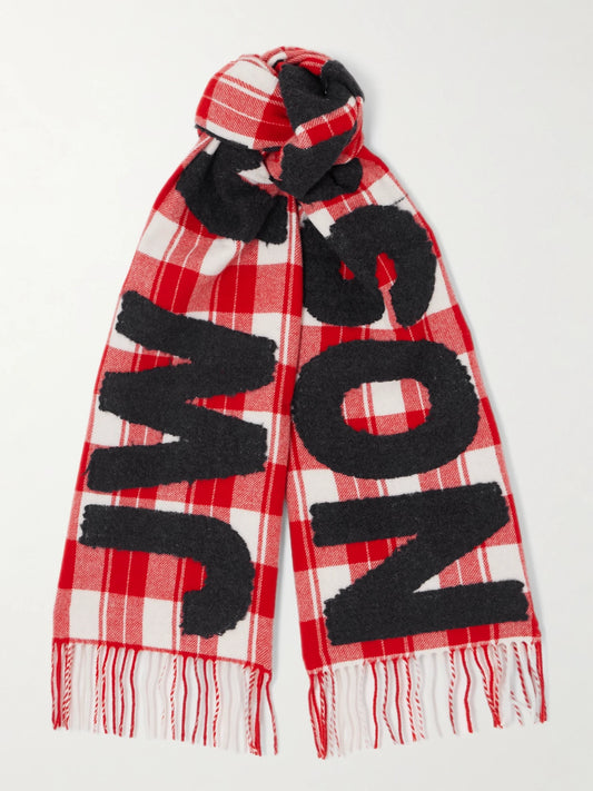 Fringed Appliquéd Checked Wool-blend Scarf