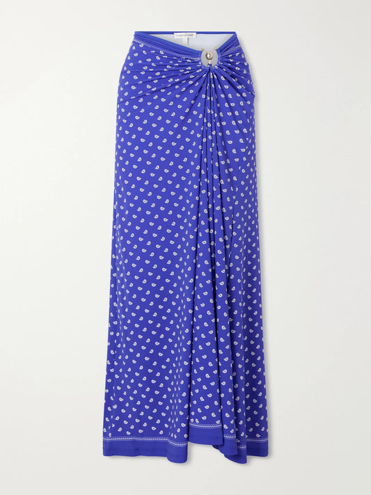 Orbit Embellished Ruched Printed Stretch-jersey Maxi Skirt