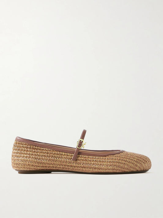 Carla Leather-trimmed Raffia Mary Jane Ballet Flats