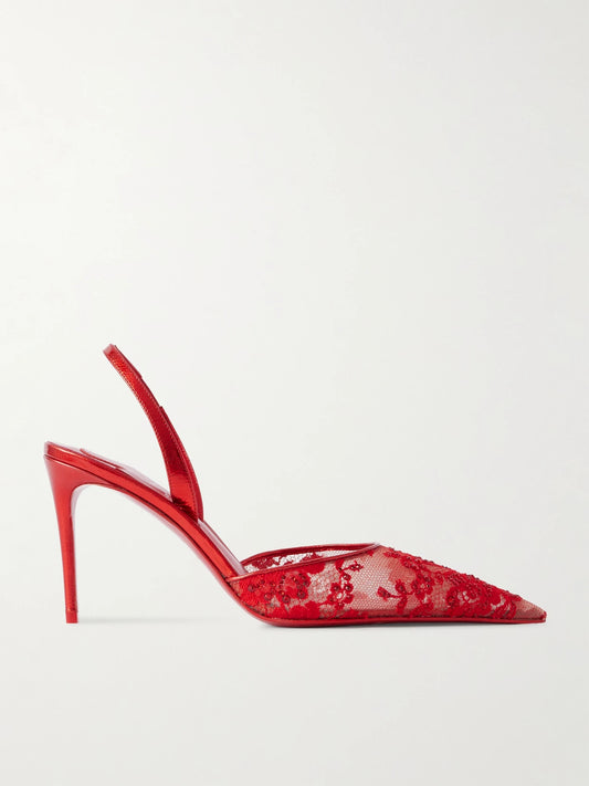 Kate Max Metallic Leather-trimmed Crystal-embellished Lace Slingback Sandals
