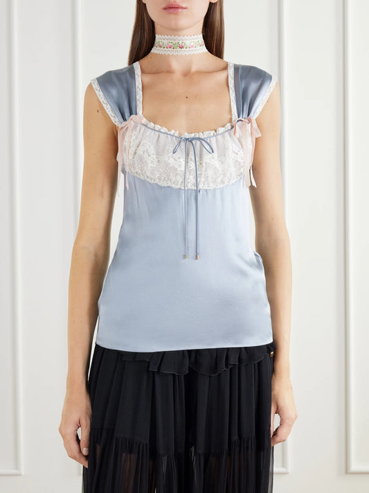 Chloé Bow-detailed Lace-trimmed Silk-satin Cami